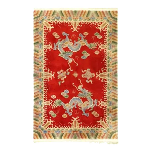 1980s Red Color Chinese Art Deco Rug