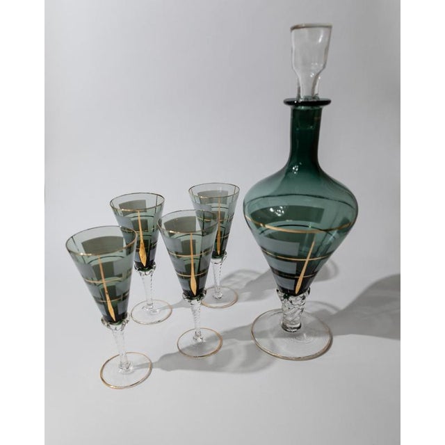 Vintage Italian Blue Murano Glass Liqueur Decanter Glasses with Hand Painted Gilt Details, 1950s, Set of 5 For Sale - Image 11 of 15