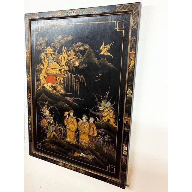 Antique Chinoiserie Black Lacquer Decorative Panel with Gilt Figures, 1950 For Sale - Image 4 of 6