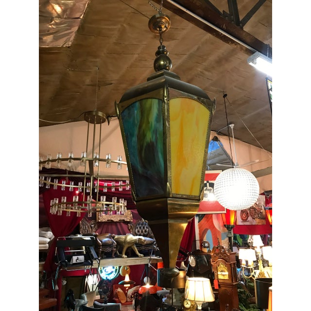 Vintage Moroccan Multicolor Lantern Pendant with Venetian Glass Panels - Pair Vintage Moroccan Multicolored Glass Lanterns...