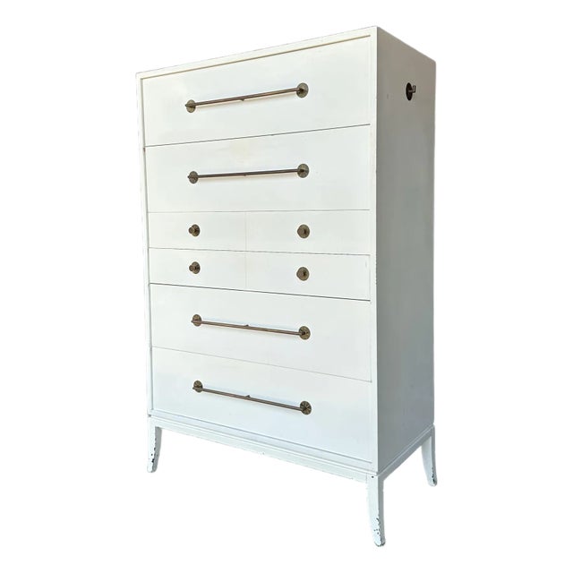 Tommi Parzinger for Parzinger Originals White Lacquer Tall Dresser With Brass Accents For Sale