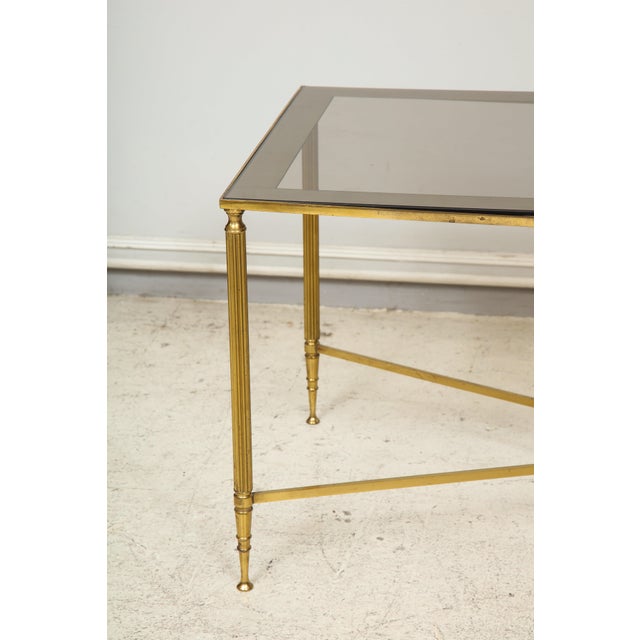 French Rectangular Brass Coffee/Cocktail Table With Smoked Glass on Stretcher Base For Sale - Image 3 of 11