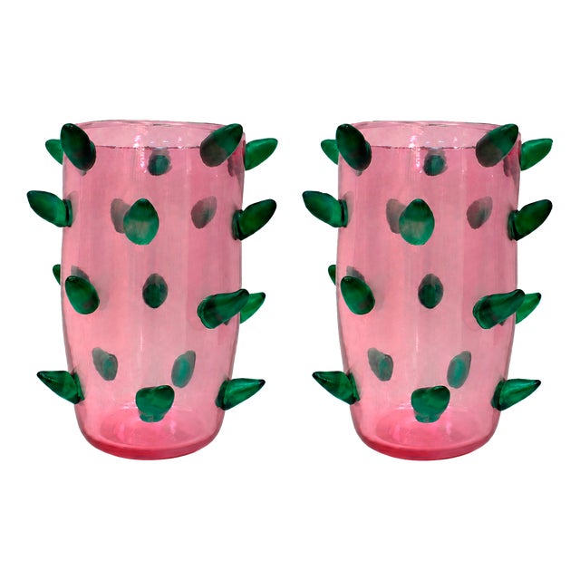 Art Deco Style Pink and Green Murano Glass Vases with Applied Spikes, 1980, Set of 2 For Sale