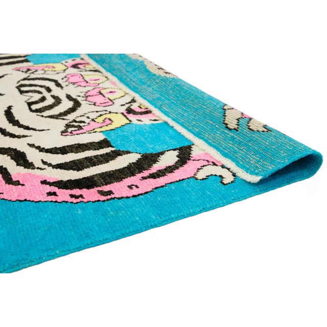 Tiger Designed Handmade Turkish Wool Rug in Blue For Sale - Image 4 of 10