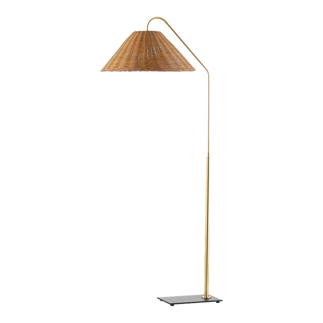Mitzi Lauren 1-Light Floor Lamp with Rattan Shade, Aged Brass/Textured Black Combo For Sale