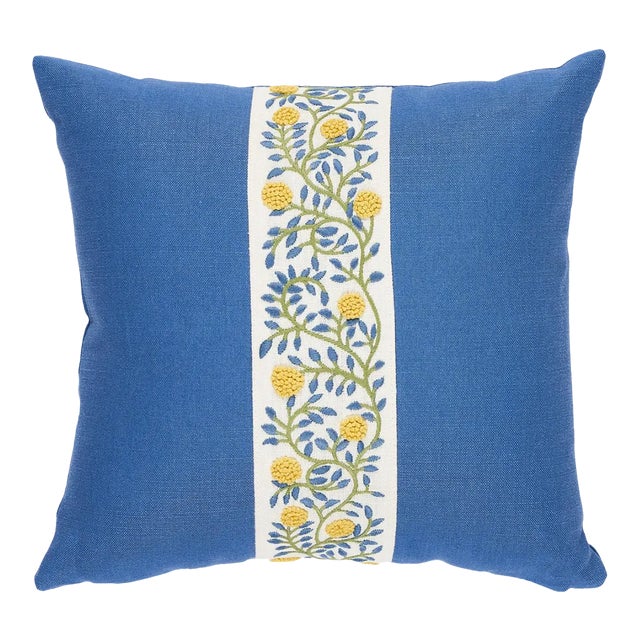 Schumacher Ashoka 18" Pillow in Citron & Blue For Sale