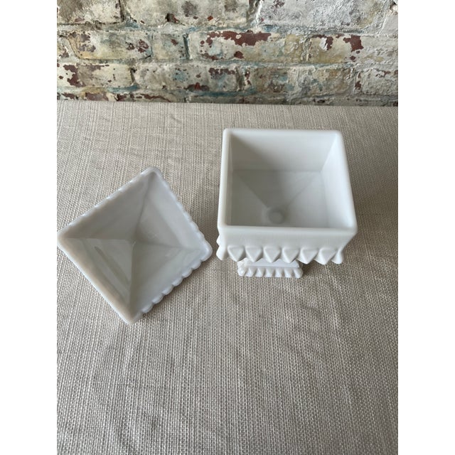 Vintage White Milk Glass Candy Dish With Lid – Geometric Pedestal Design For Sale - Image 4 of 8