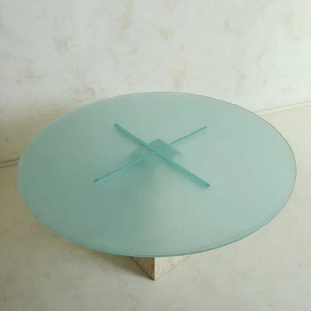 1960s Travertine Dining Table With Frosted Glass Top, Italy 1960s For Sale - Image 5 of 12