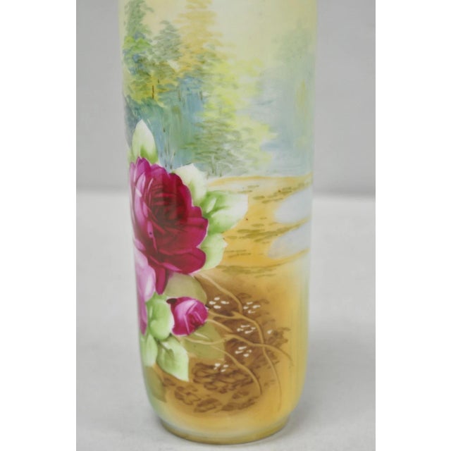 Pink Antique Nippon Hand Painted Pink Rose & Lake Scene Small Porcelain Cylinder Vase For Sale - Image 8 of 14