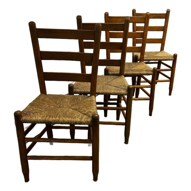 Set of Four Antique Wooden Ladder Back Chairs For Sale