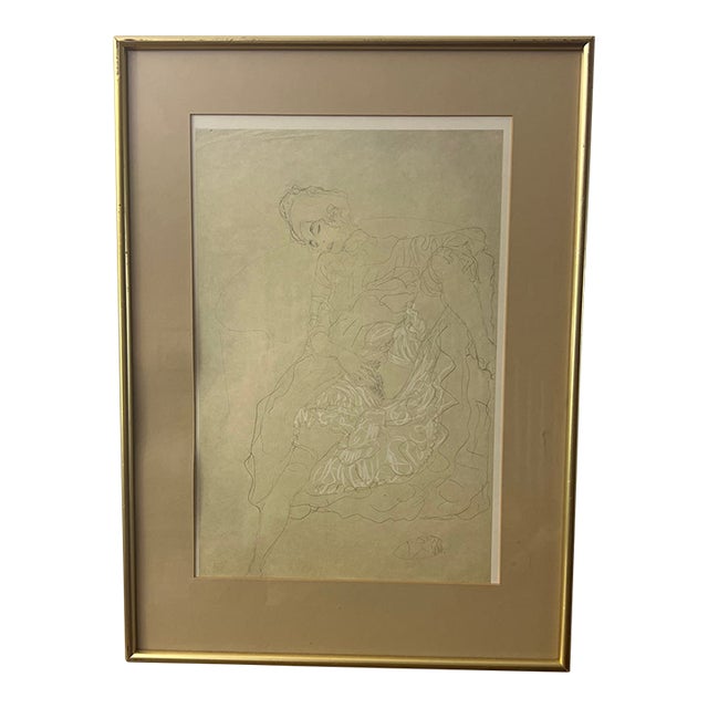 1960s Print of Pencil Drawing in Colours of Gustav Klimt 1910 Reclining Figure For Sale