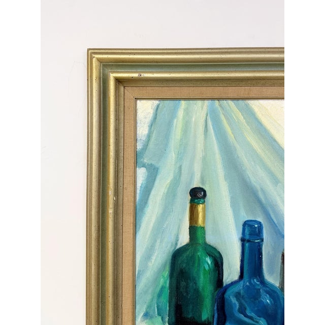 Blue Vintage Original Oil Painting Still Life Bottles Jugs, Framed Art, Canvas, Blue For Sale - Image 8 of 11