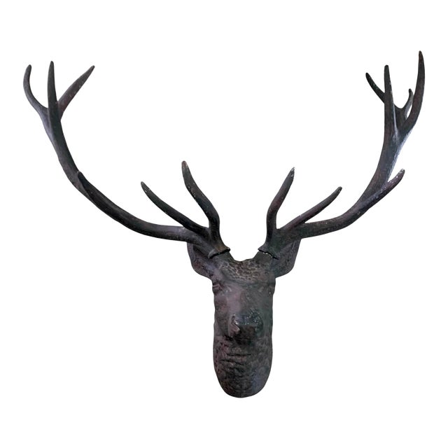 Stag Head Large Wall Mount Sculpture Vintage Restoration Hardware Rustic Decor For Sale
