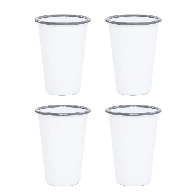 Crow Canyon Home Enamelware, Vintage 14 oz. Tumblers in White with Grey Rim - Set of 4 For Sale In San Francisco - Image 6 of 6
