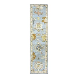 21st Century Turkish Oushak Wool 2X10 Gold, Light Blue & Ivory Handmade Runner Rug #1144116 For Sale