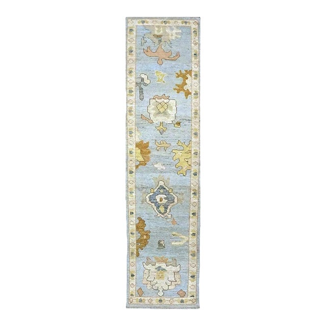 21st Century Turkish Oushak Wool 2X10 Gold, Light Blue & Ivory Handmade Runner Rug #1144116 For Sale