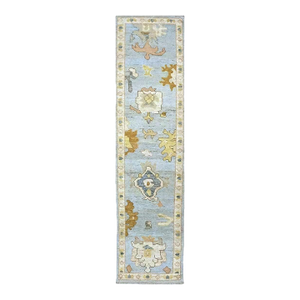 21st Century Turkish Oushak Wool 2X10 Gold, Light Blue & Ivory Handmade Runner Rug #1144116