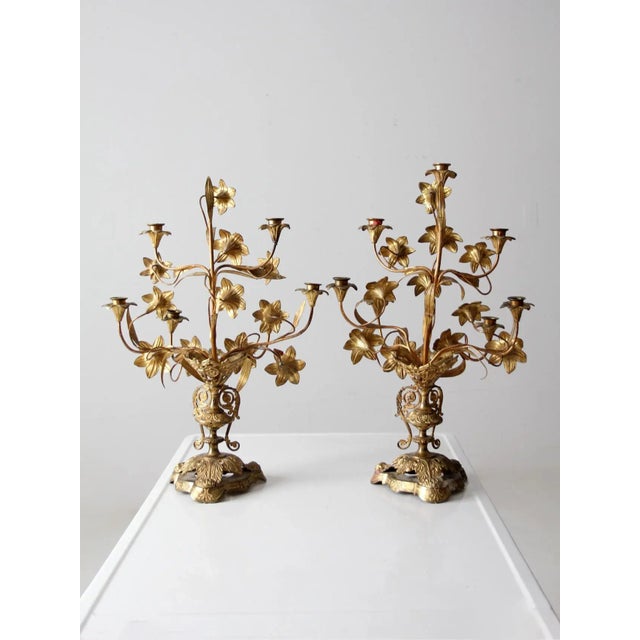 Late 19th Century Antique Brass Candelabras Pair For Sale - Image 5 of 13