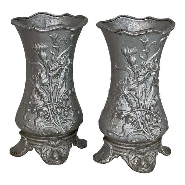 Pair Art Nouveau Cast Iron Painted Jardinieres ~ Urns For Sale