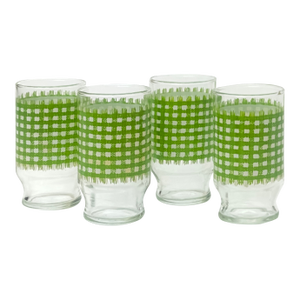 Vintage Juice Glasses With Green Checkered Cloth Motif Attributed to Anchor Hocking - Set of 4