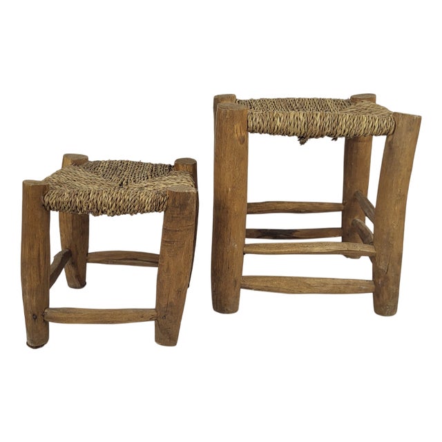 Brutalist Stools in Wood and Rope, 1960s, Set of 2 For Sale