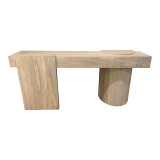 Organic Modern Light Greige Washed Wooden Geometric Console Table For Sale