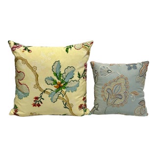 Pair of Custom Designer Throw Pillows – Colefax & Fowler Crewel & Brunschwig & Fils Moiré Silk For Sale