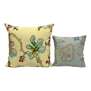 Pair of Custom Designer Throw Pillows – Colefax & Fowler Crewel & Brunschwig & Fils Moiré Silk