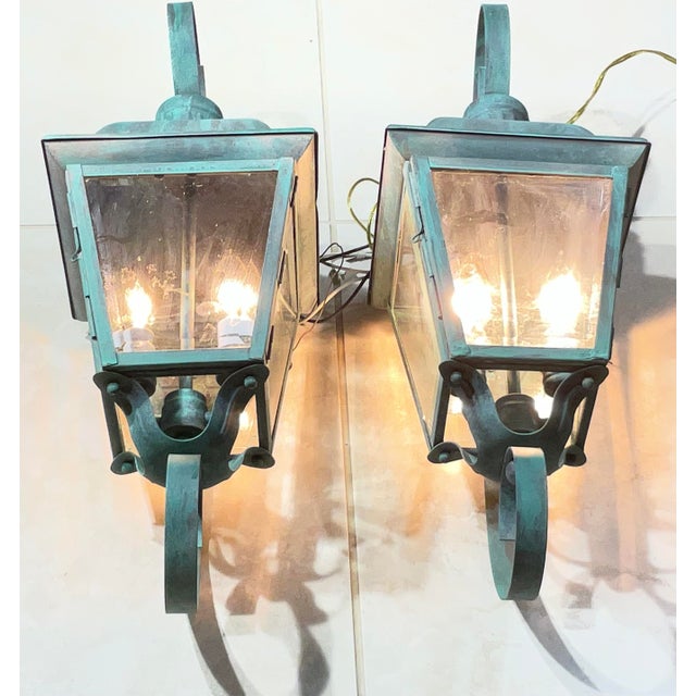 Pair of Vintage Solid Brass Outdoor Wall Lanterns - 22”h X 7”.5 W X 7”.5 D For Sale - Image 13 of 15