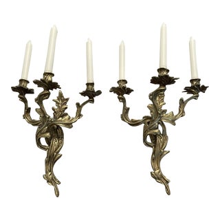 1900s Solid Brass Rococo Style 3 Arm Wall Sconces - a Pair For Sale