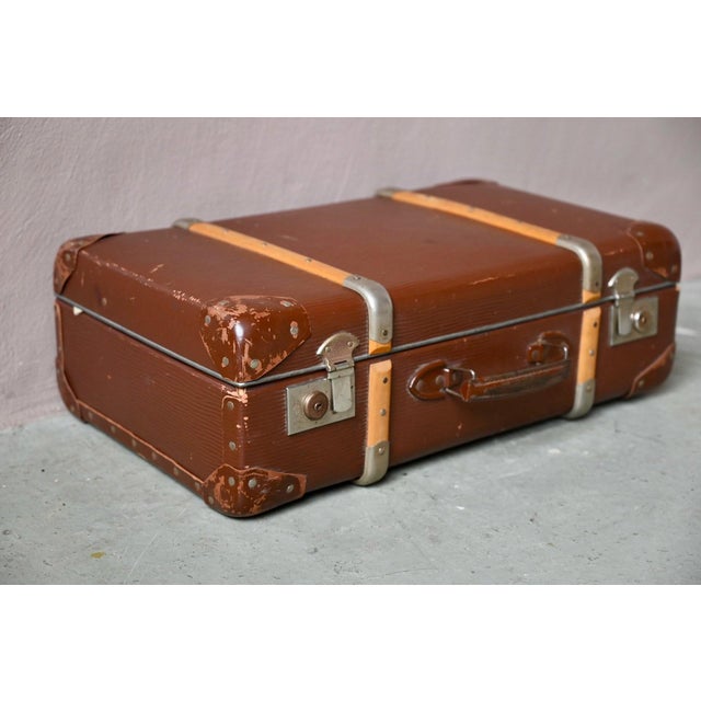 Vintage Travel Suitcase with Rigid Cardboard and Wooden Handles, 1940s For Sale - Image 3 of 11