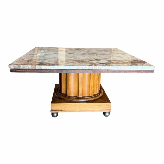 Vintage Mid-Century Breccia Marble Coffee Table with Fluted Wood Pedestal & Brass Feet An exquisite vintage mid-century...