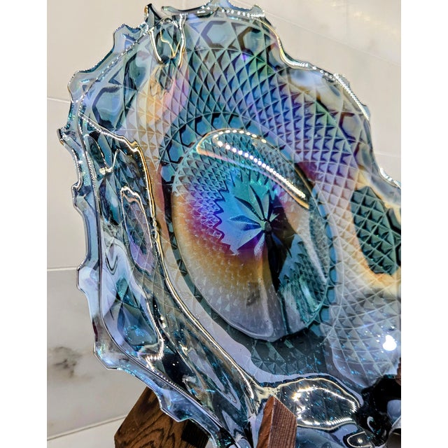 Mid 20th Century Iridescent Pressed Glass Ruffled Console Bowl With Starburst Pattern For Sale - Image 4 of 8