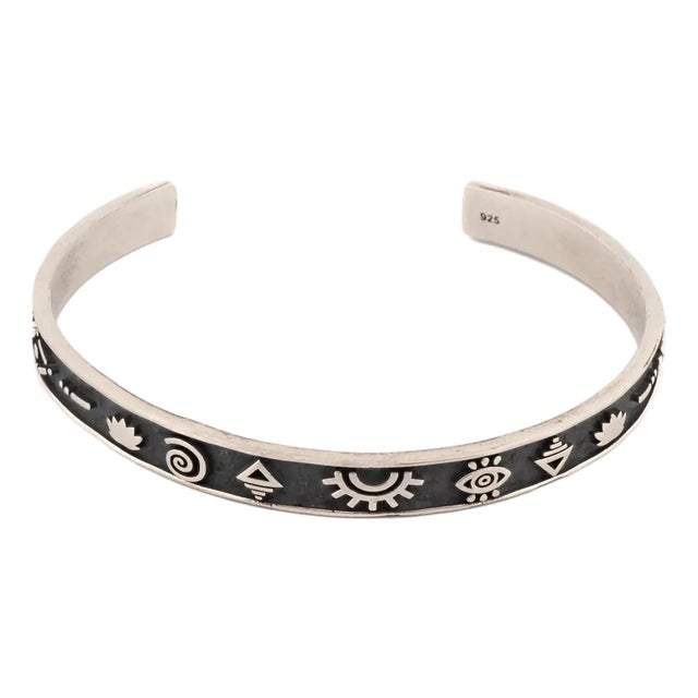 Sterling Silver Spiritual Symbols Cuff Bracelet For Sale