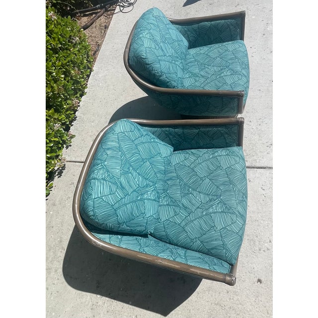 Wood Pair of Upholstered Swivel Chairs Attributed to Palecek Baldwin Style For Sale - Image 7 of 16