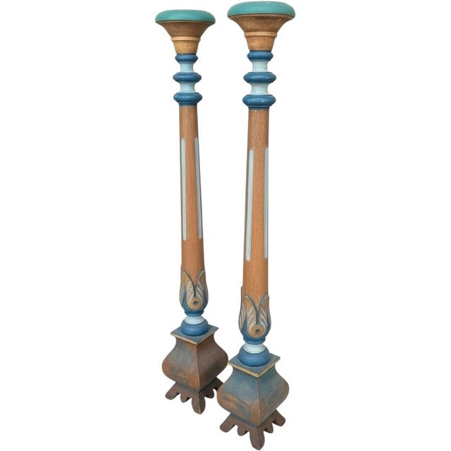Mid 20th Century Italian Mid-Century Neo-Classical Polychrome Wood Pricket Candlesticks Candle Stands - Pair For Sale - Image 5 of 6