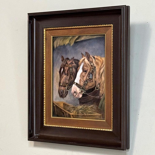 Antique Framed Limoges Porcelain by Camille Faure (1874-1956) 'Stablemates' For Sale - Image 4 of 16