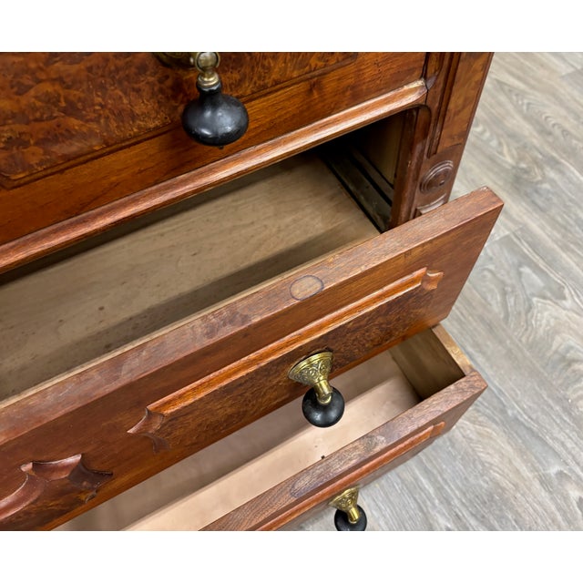 Antique Victorian Eastlake Burled Wood Marble Inlay Gentleman’s Dresser Commode For Sale - Image 9 of 11