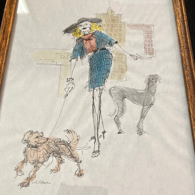 Mid-Century Modern 1950’s Original Ink Drawing/Watercolor Fashion Woman Walking Dogs in City Chunky Vintage Frame For Sale - Image 3 of 4
