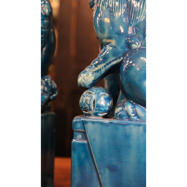 Foo Dog-Shaped Bookends in Turquoise Glazed Ceramic, 1970s, Set of 2 For Sale - Image 9 of 11