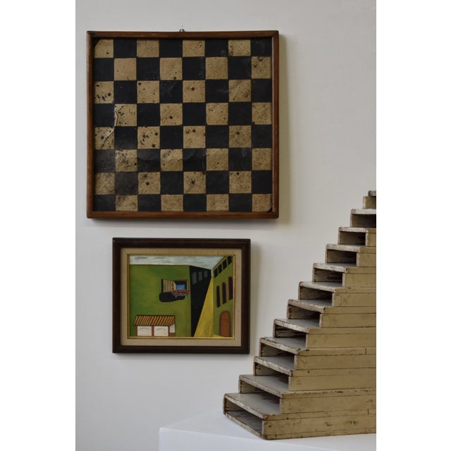 Vintage Vibrant Surrealist Streetscape on Board, Dated 1969. Rendered in acrylic on canvas board, this street scene...