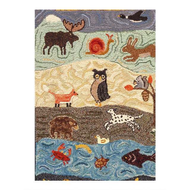 Antique Hooked Rug, United States, 1940 — Every element in this hooked rug border is sewn in a deep, rich Navy Blue with...