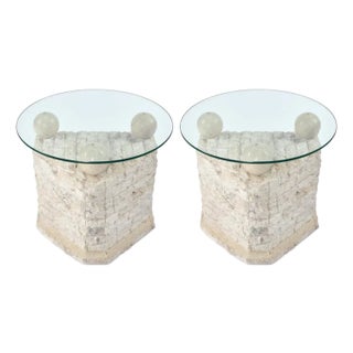 Pair of Tessellated Mactan Stone Side Tables With New Round Glass Tops For Sale