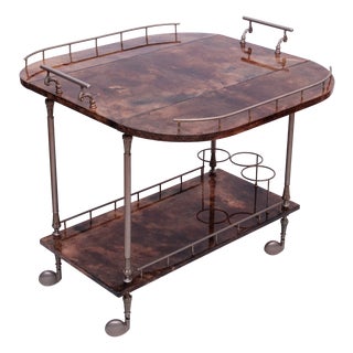 Vintage Bar Trolley in Brown Goatskin Leather by Aldo Tura, Italy, 1950s For Sale