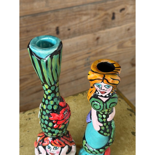 Pair of Whimsical Hand-Painted Ceramic Mermaid Candlestick Holders For Sale - Image 4 of 9