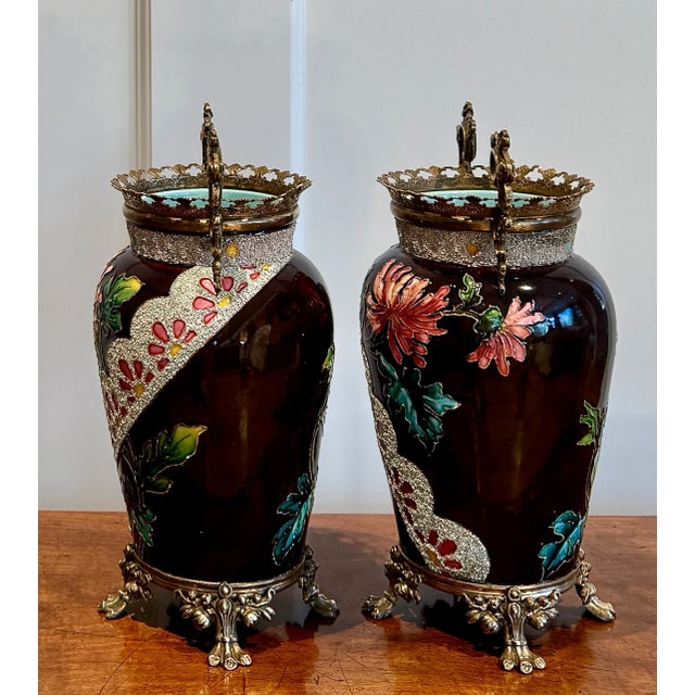 Late 19th Century Edouard Gilles French Ceramic Vases, Pair, Circa 1880 For Sale - Image 5 of 13