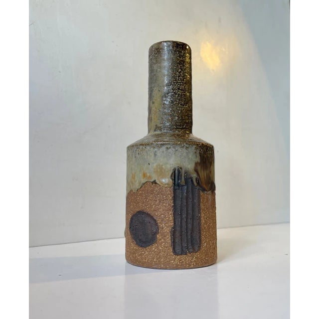 Beautiful Danish Modern chamotte stoneware bottle vase designed by Jette Hellerøe for Axella Design during the early...