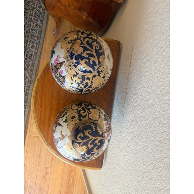 Vintage Blue and Gold Porcelain Urns With Equestrian Hunt Scene (A Pair) For Sale In Los Angeles - Image 6 of 9