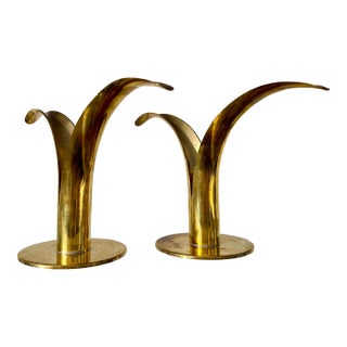 Mid Century Modern Brass Lily Candlestick Holders by Ystad Metall For Sale