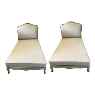 Antique Painted Wood Frame Twin Beds Upholstered in Belgian Linen - a Pair For Sale